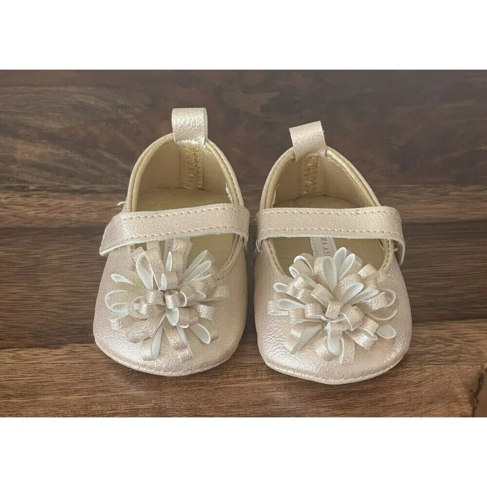 Laura Ashley Gold Baby Shoes Size 1 Flower strap NEW no box Baby gift shower